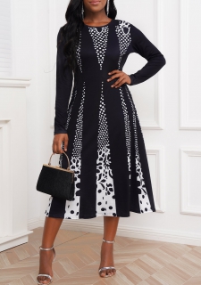 Black Contrast Long Sleeve Polka Dot Dress