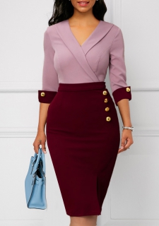 3/4 Sleeve Wine Red Decorative Button Bodycon Dress