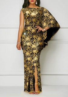 Floral Print Hot Stamping Golden Side Slit Dress