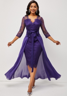 3/4 Sleeve Purple Multiway Lace Patchwork Dress