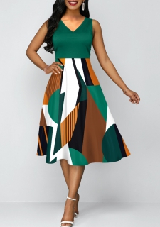 Green Geometric Print V Neck Dress