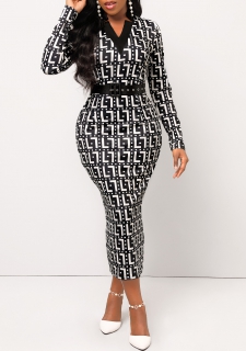 Geometric Print Belted Black Bodycon Dress