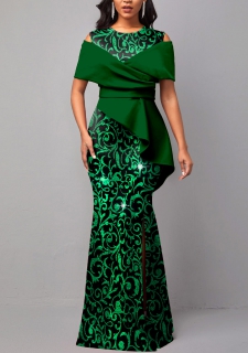 Floral Print Hot Stamping Green Maxi Dress