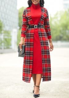 Tartan Print Fake 2in1 Wine Red Dress