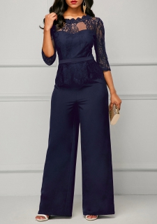 Round Neck Three Quarter Sleeve Lace Panel Jumpsuit