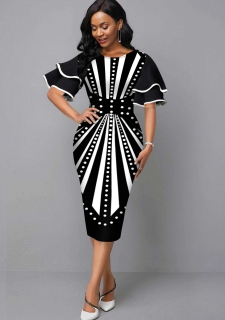 Radial Print Round Neck Sheath Dress
