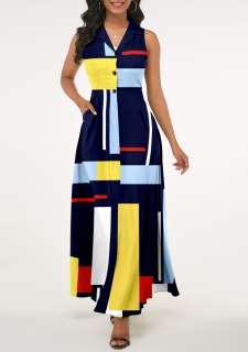 Navy Blue Notch Collar Geometric Print Dress