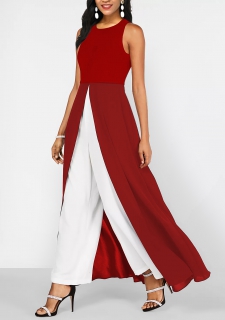 Red Split Sleeveless Contrast Round Neck Jumpsuit