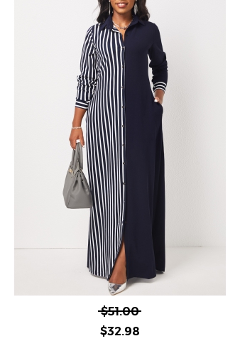 Striped Pocket Navy H Shape Maxi Dress