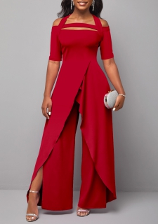 Red Cold Shoulder Short Sleeve Jumpsuit