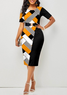 Yellow Geometric Print Round Neck Bodycon Dress