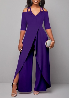 Ankle Length Off Shoulder Purple Jumpsuit