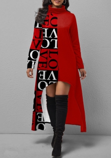 Letter Print Turtleneck Dip Hem Red Dress