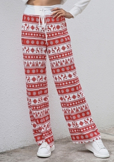Christmas Print Drawstring Red Drawastring Pants