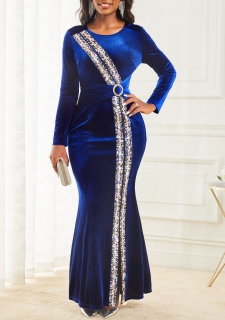 Long Sleeve Round Neck Navy Sequin Dress