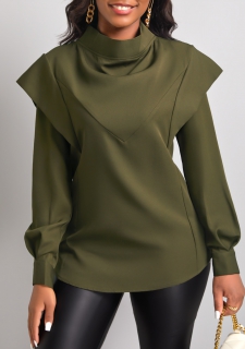 High Neck Olive Green Long Sleeve Blouse