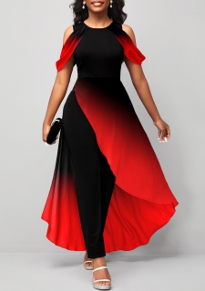 Red Ombre Asymmetric Hem Mesh Stitching Jumpsuit