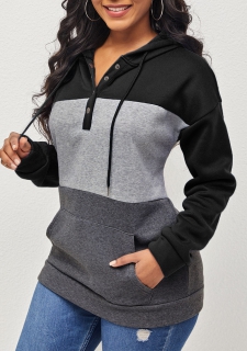 Drawstring Kangaroo Pocket Black Long Sleeve Hoodie
