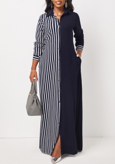Striped Pocket Navy H Shape Maxi Dress