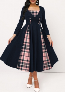 Navy Insert Button Tartan Print 3/4 Sleeve Dress