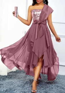 Asymmetric Hem Belted Dusty Pink High Low Dress