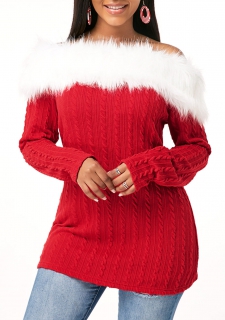 Long Sleeve Fur Collar Twist Detail T Shirt