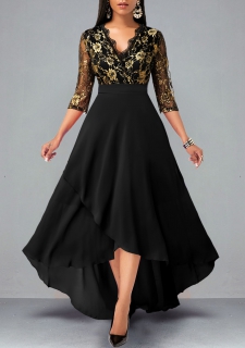 Floral Lace Patchwork High Low Black Dress