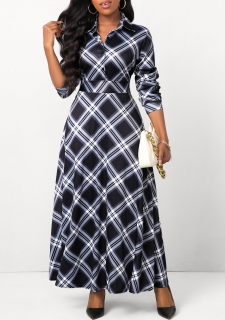 Plaid Button Black Shirt Collar Maxi Dress