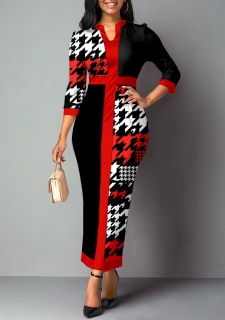 Houndstooth Print Split Neck Black Bodycon Dress