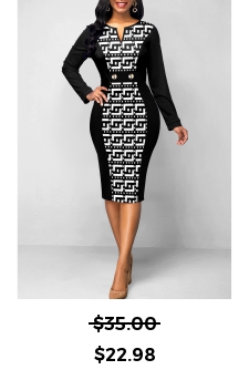 Baroque Print Patchwork Black Split Neck Bodycon Dress