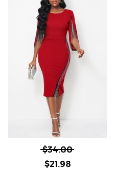 Tassel 3/4 Sleeve Round Neck Red Dress