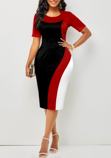 Geometric Print Round Neck Red Bodycon Dress