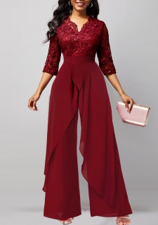 Lace Patchwork Wine Red V Neck Jumpsuit