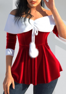 Contrast Fur Collar Red Off Shoulder Blouse