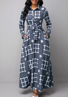 Turndown Collar Geometric Print Long Sleeve Dress 