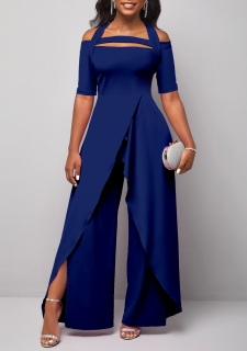 Navy Halter Cold Shoulder Short Sleeve Jumpsuit