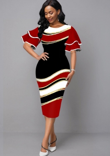Round Neck Geometric Print Ruffle Sleeve Dress