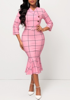 Pink Belted Plaid Button Mermaid Dress