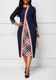 Plaid 3/4 Sleeve Navy Faux Two Piece Dress