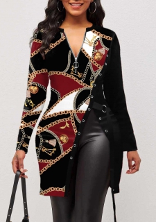 Grommet Multi Color Quarter Zip Chain Print Blouse