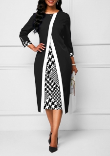 Plus Size Houndstooth Print Black Faux Two Piece Dress