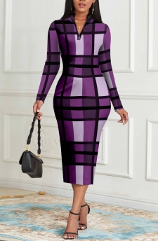 Plaid Long Sleeve Purple Zipper Bodycon Dress