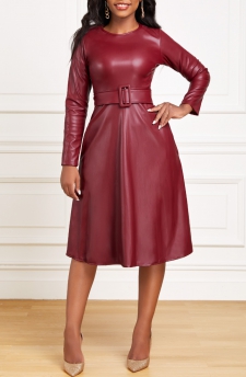 Leather Belted Wine Red Boat Neck Dress
