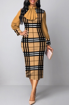 Plaid Patchwork Light Camel Stand Collar Bodycon Dress
