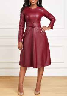 Leather Belted Wine Red Boat Neck Dress