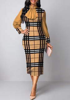 Plaid Patchwork Light Camel Stand Collar Bodycon Dress