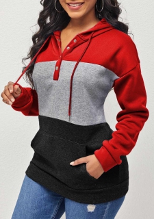 Contrast Kangaroo Pocket Drawstring Red Hoodie