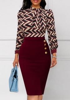 Striped Button Wine Red Tie Collar Bodycon Dress