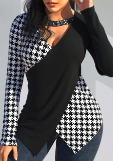 Houndstooth Print Sequin Black V Neck T Shirt