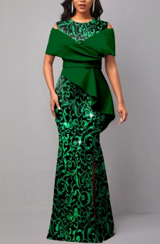 Floral Print Hot Stamping Green Maxi Dress